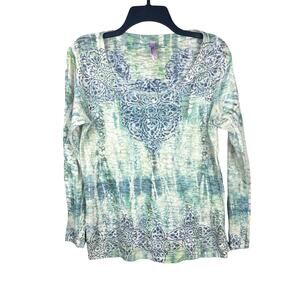 Kiara Women's Studded Long Sleeve Ribbed Scoop‎ Neck Patterned Top - Size Large